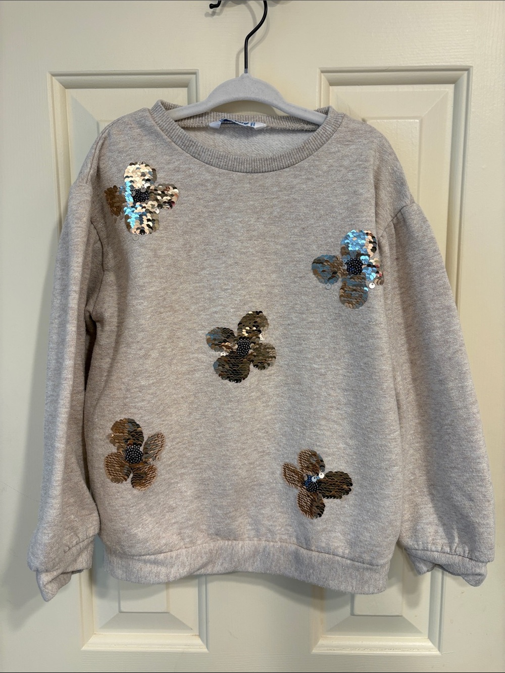 Mayoral - girls size 6 - Embellished Sequin Flower Sweatshirt - Light Gray
